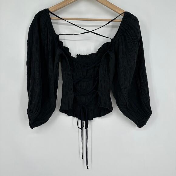 Urban Outfitters Vida Lace Up Smocked Top Ruffle Balloon Sleeve Backless Blouse - Picture 5 of 11